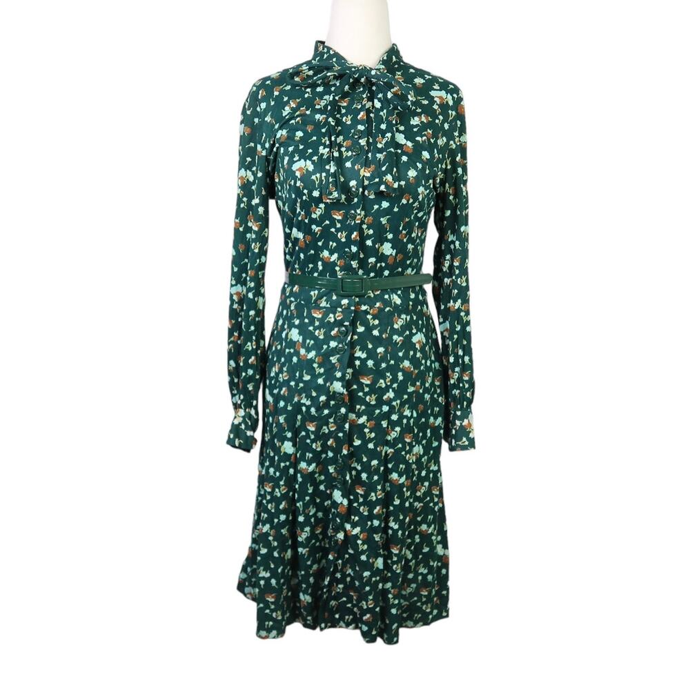 Vintage 70s Eric & Allen dark green floral print mini shirt dress S